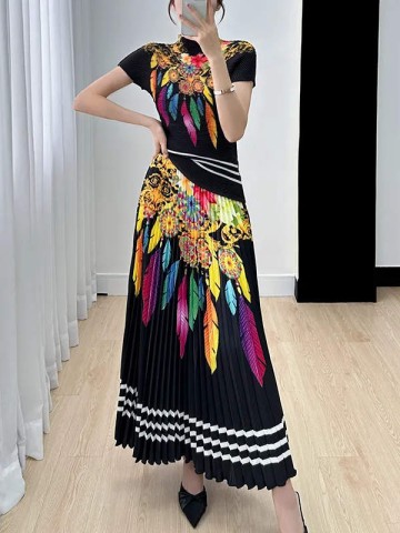 Chic Set: Floral & Feather Print Pleated Top + Accordion Pleat Midi Skirt