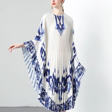 Blue and White Porcelain Print Cape Dress with ...