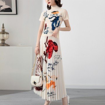 Graffiti Crinkle Short Sleeve Top + Accordion Pleat Skirt Set