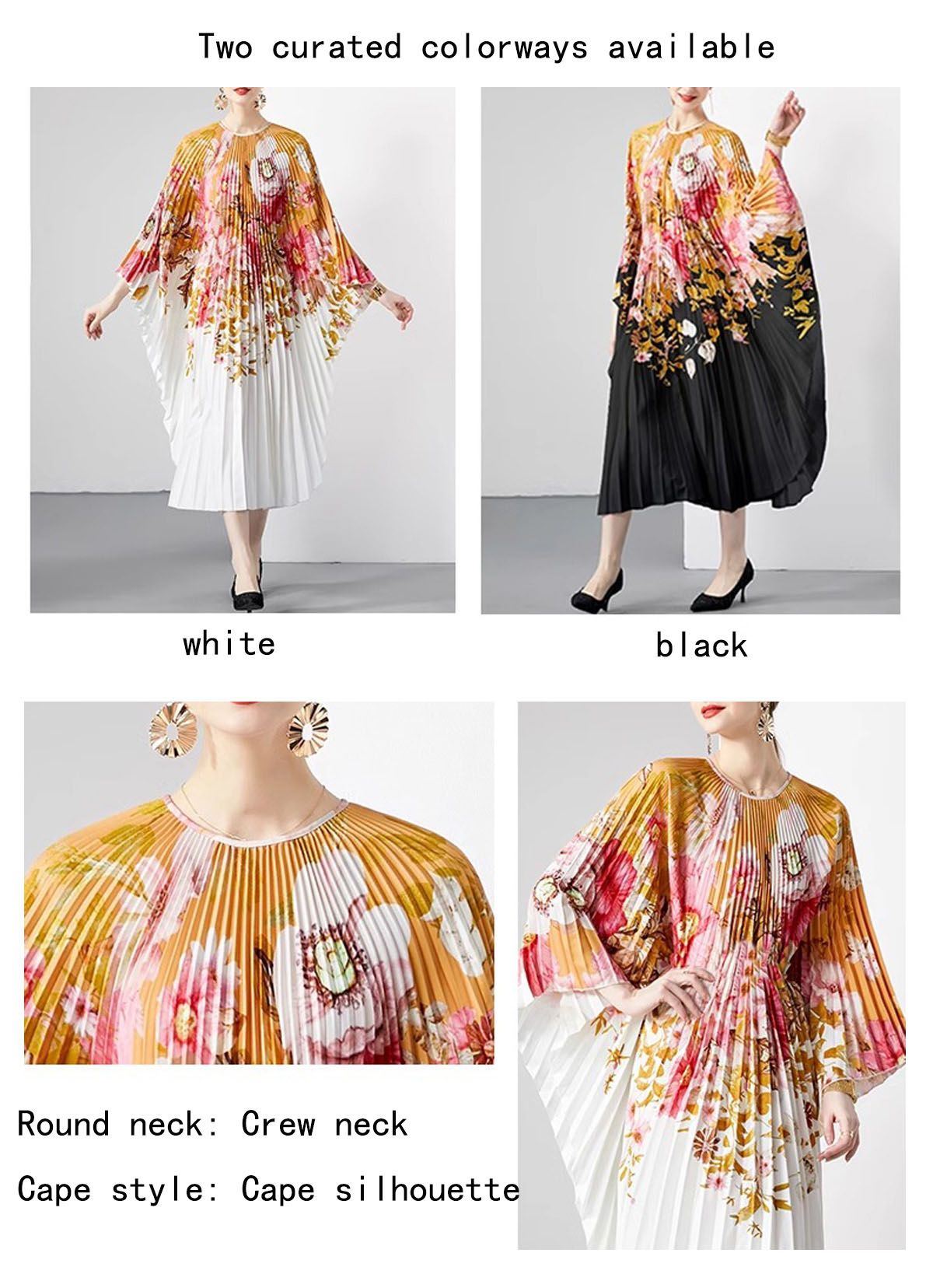 Plus-Size Pleated Batwing Sleeve Cape Bell Skirt Accordion Dress