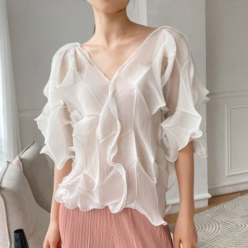 Women's Sheer V-Neck Pleated Top – Floral-Textured Three-Quarter Sleeves for Spring / Summer
