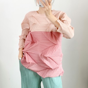 Diamond Accent Contrast Long Sleeve Crew Neck Top with Waist Tie