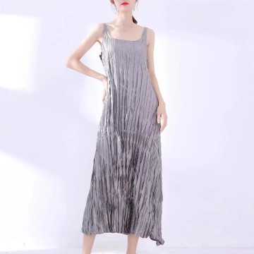 Women's Crinkle Pleated Strap Maxi Dress – Lightweight Sleeveless Long Dress for Spring Summer Casual