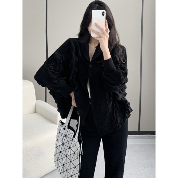 Women's Velvet Jacket with KK Pleats, Bubble Ruffled Sleeves, and Lapel Collar for Spring & Fall