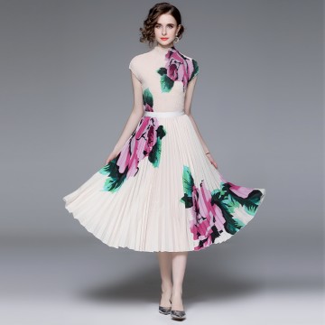 Botanical Dream Set: 3D Floral Embroidery Top and Cascading Pleated Skirt