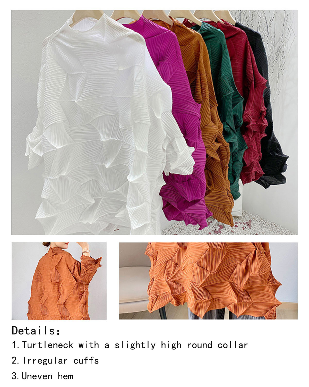Relaxed-Fit High-Neck Blouse with Sculpted Rose Pleats