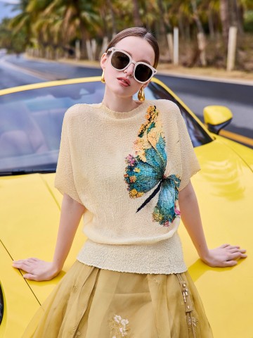 Butterfly Print Bat Sleeve Pleated Short Sleeve...