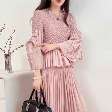 Pink Pleated Muse | Sculpted Elegance in 3/4 Sleeves