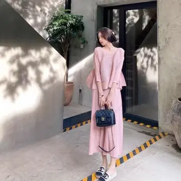 Miyake Pleated Irregular Top & Wide-Leg Pants Set - Stylish & Unique