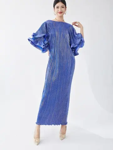 Pleated Round Neck Dress with Bell Sleeves - Elegant Style