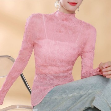 Women's Willow-Pleated Semi-Sheer Long Sleeve Blouse with Curved Hem – Spring Summer Collection