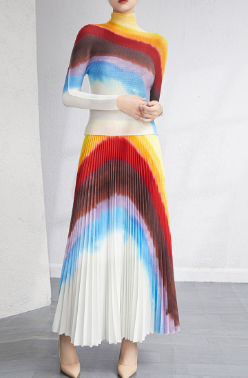 Color-Shifting Rainbow Ombré Set: Corn-Grain Ruched Top with Stretch + Flowing Accordion Pleat Skirt