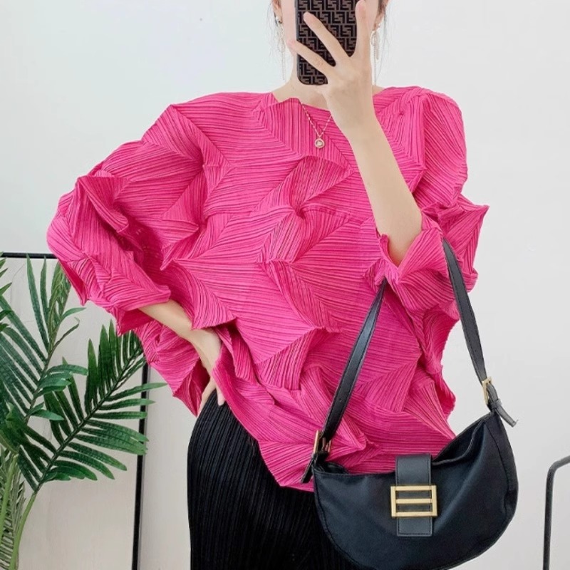 Women's Rose-Pleated Mid-Sleeve Blouse Round Neck Spring Staple with Cascading Ruffles (2).jpg